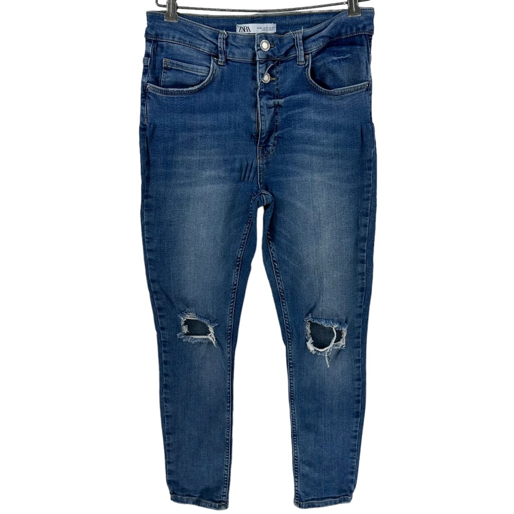 ZARA Destroyed Jeans Size 10 Buttonfly Distressed Medium Wash Cotton Ankle